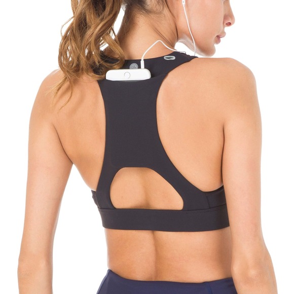 Queenie Ke Black Medium Impact Sports‎ Bra Phone Pocket Racerback Activewear M - Picture 7 of 9